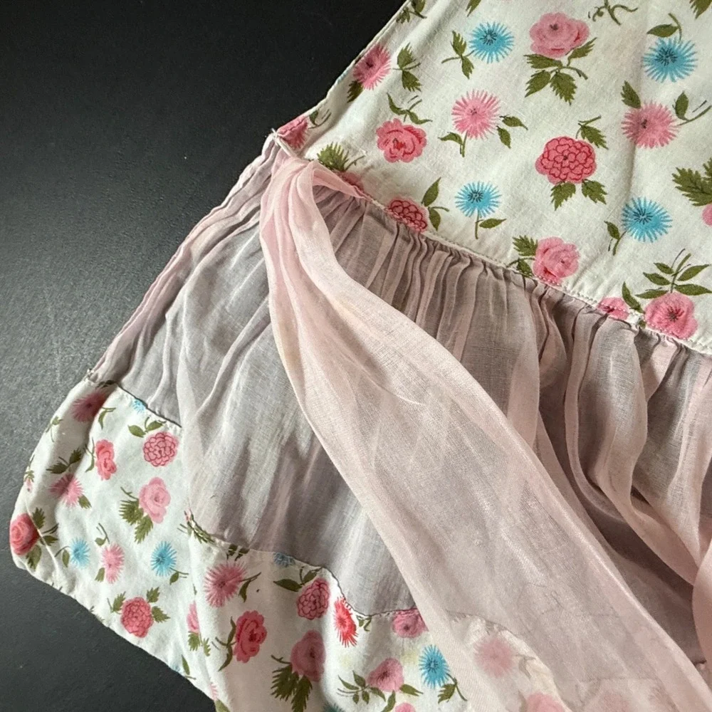 Vintage Floral Ruffle Apron Pink Sheer Full Bib Cottagecore 1950s 1960s